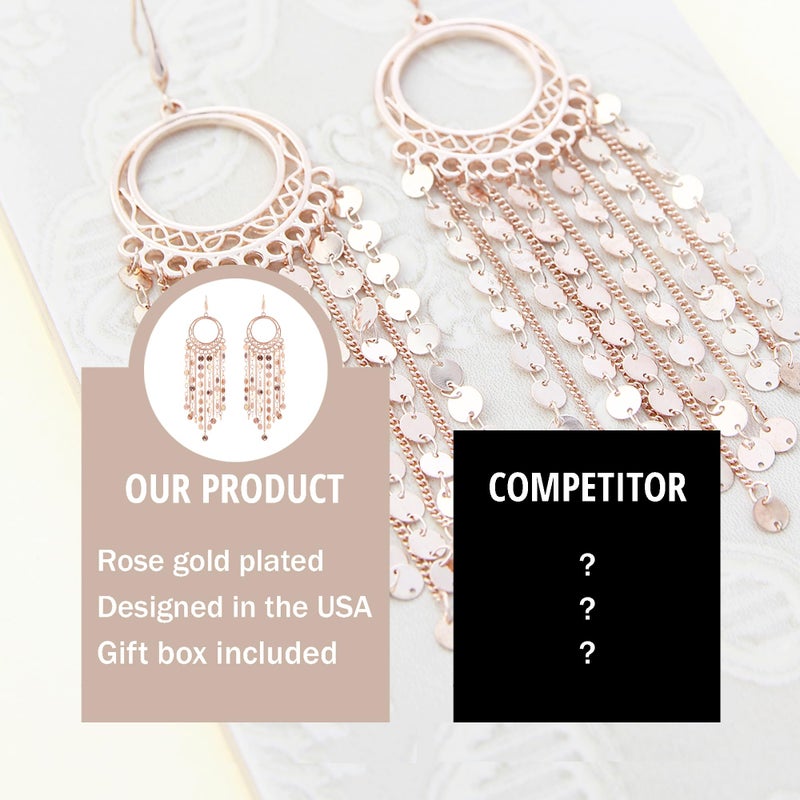 NTLX Bohemian Boho Tassel Dangle Drop Earrings for Women â€“ Lightweight Filigree Gypsy Coin Chandelier Disc Charm Hoops â€“ included Gift Box (Round - Rose Gold) - Image 4