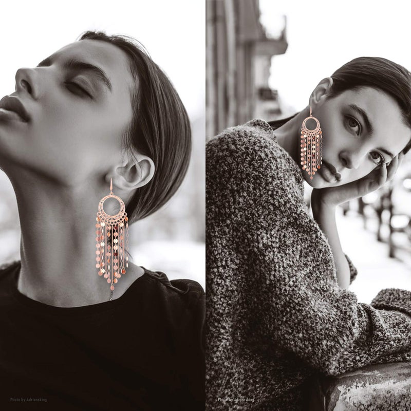 NTLX Bohemian Boho Tassel Dangle Drop Earrings for Women â€“ Lightweight Filigree Gypsy Coin Chandelier Disc Charm Hoops â€“ included Gift Box (Round - Rose Gold) - Image 3