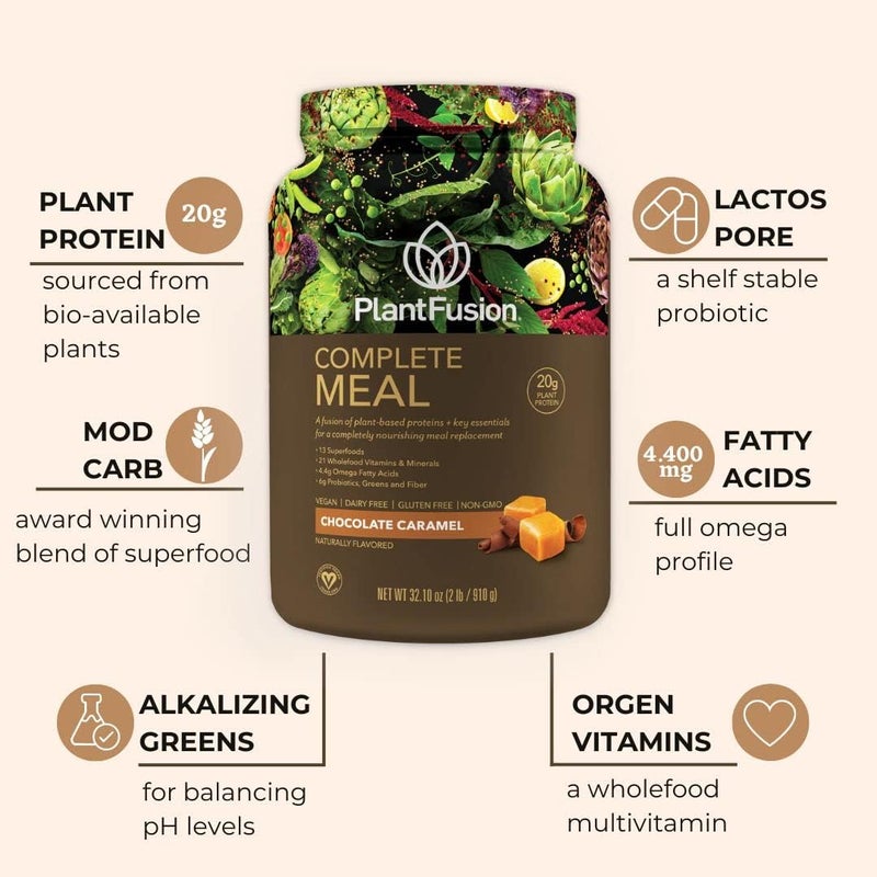 PlantFusion Complete Meal Replacement Shake  Plant Based Protein Powder with Superfoods Greens  Probiotics  Vegan Gluten Free Soy Free NonDairy No Sugar NonGMO  Chocolate Caramel 1 lb - Image 2