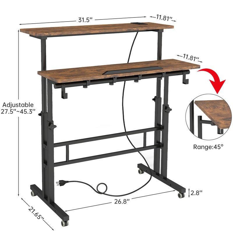 SIDUCAL Mobile Standing Desk with Charging Station, Portable Desk for Walking Pad, Adjustable Computer Workstation with Wheels, Office Table Stand with Tilted Desktop 23.62" D X 31.5" W Rustic Brown - Image 2