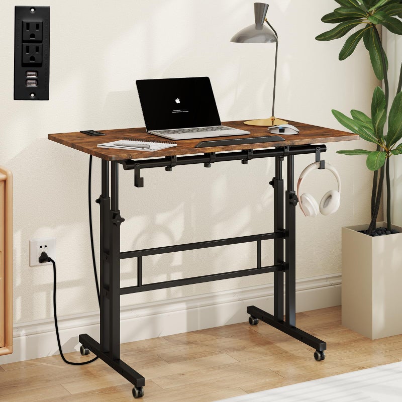 SIDUCAL Mobile Standing Desk with Charging Station, Portable Desk for Walking Pad, Adjustable Computer Workstation with Wheels, Office Table Stand with Tilted Desktop 23.62" D X 31.5" W Rustic Brown - Image 1