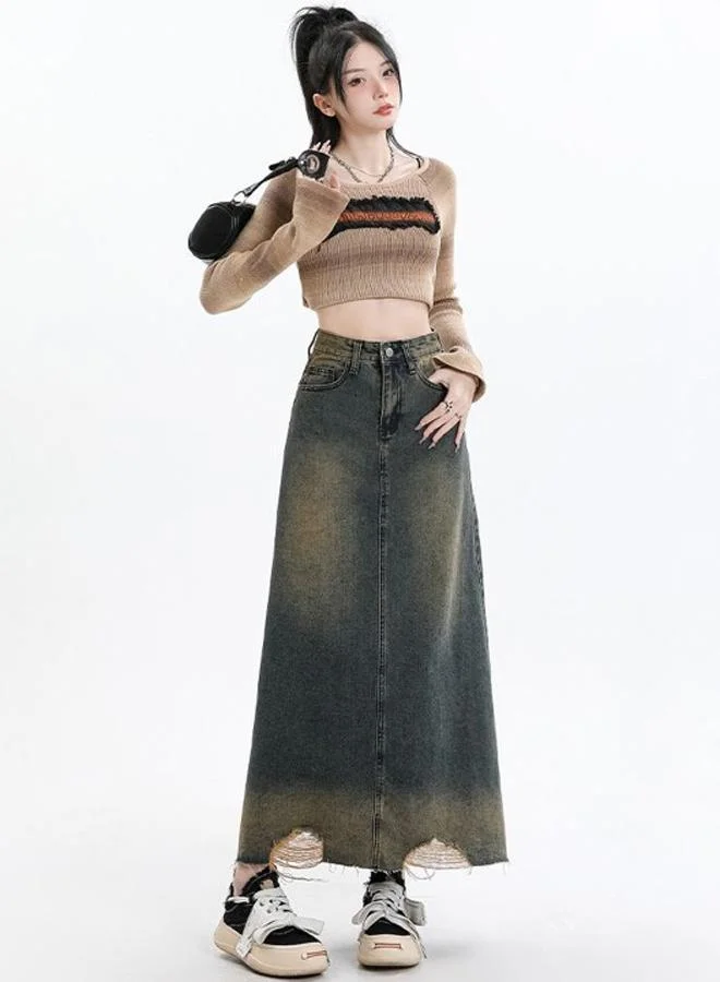 يونيكي Grey A-Line Maxi Denim Skirt