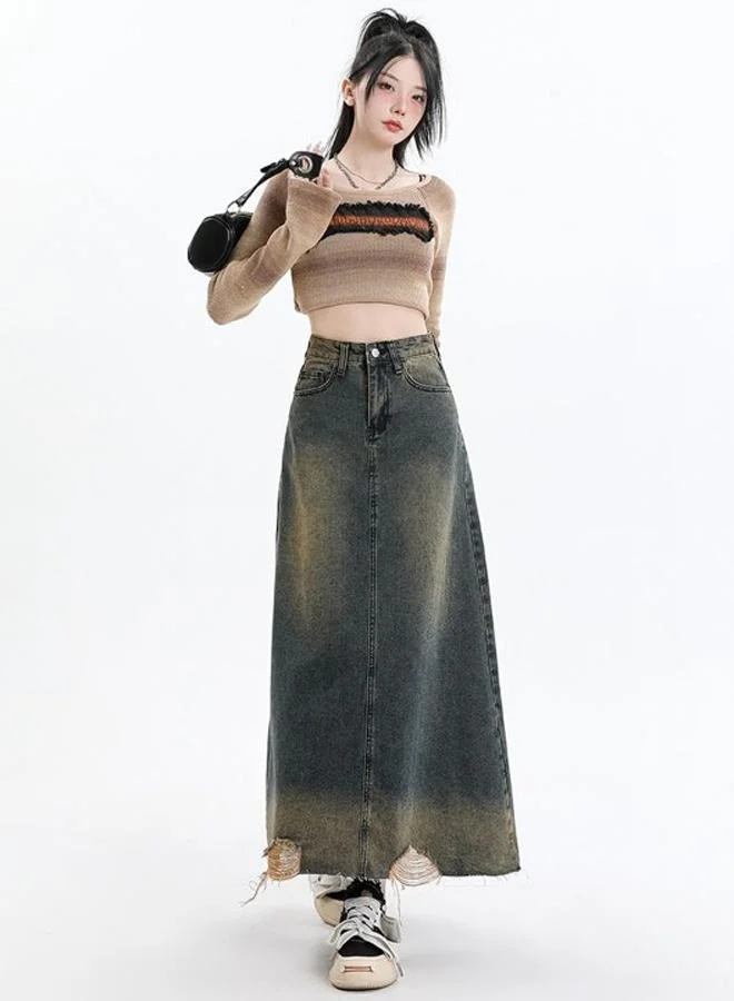 يونيكي Grey A-Line Maxi Denim Skirt