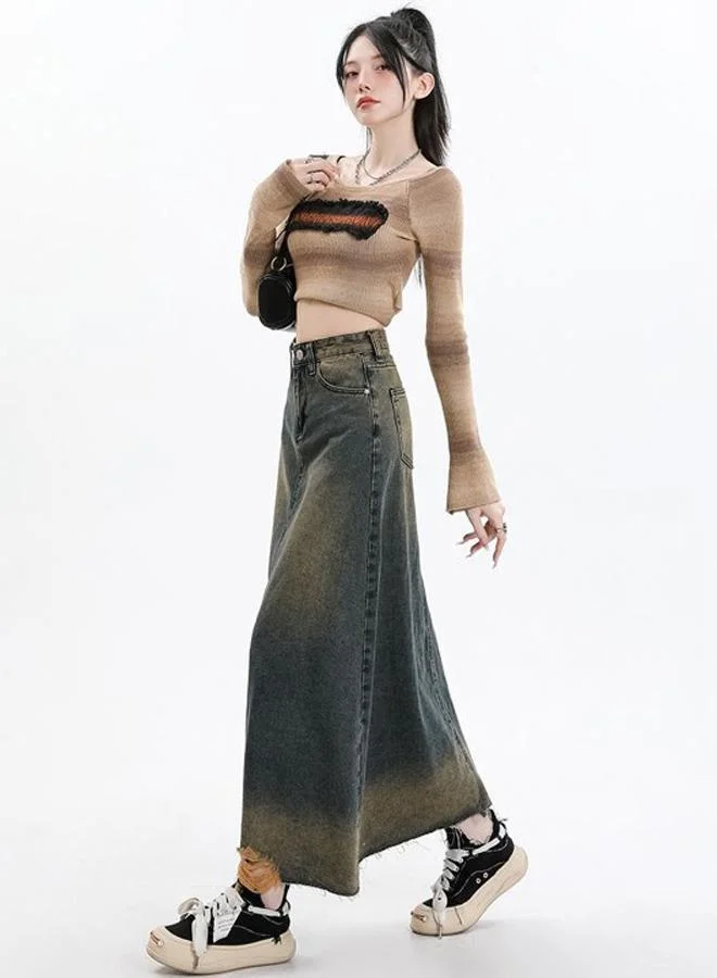 يونيكي Grey A-Line Maxi Denim Skirt