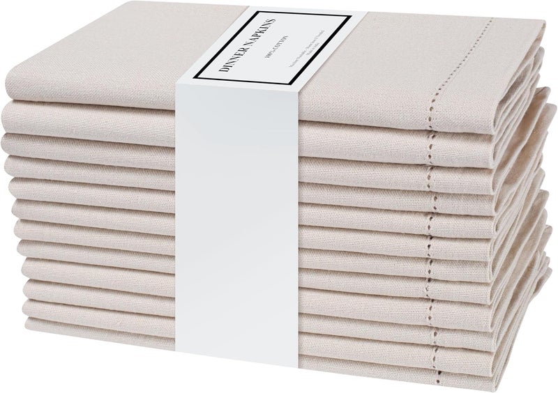 Eminence Home طقم مناديل قطنية 12 قطعة من إيميننس هوم، 45x45 سم (بيج)، قماش قطن نقي 100%، مخيط على الحواف، صديق للبيئة، تصميم أنيق، قابل للغسل، يجف بسرعة، للاستخدام في المنزل، الفندق، المطعم، النزهات. - Image 3
