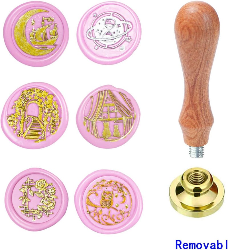 ANBOSE Wax Seal Stamp kit, Animal Wax Seal Stamp Set with 6 PCS Removable Brass Heads and 1 Wooden Handle, Retro Cat Owl Boat Rose Sealing Wax Stamp for Cards Invitations - Image 3