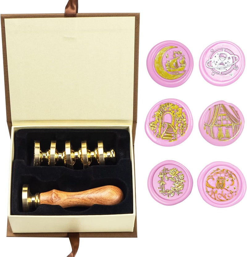 ANBOSE Wax Seal Stamp kit, Animal Wax Seal Stamp Set with 6 PCS Removable Brass Heads and 1 Wooden Handle, Retro Cat Owl Boat Rose Sealing Wax Stamp for Cards Invitations - Image 1