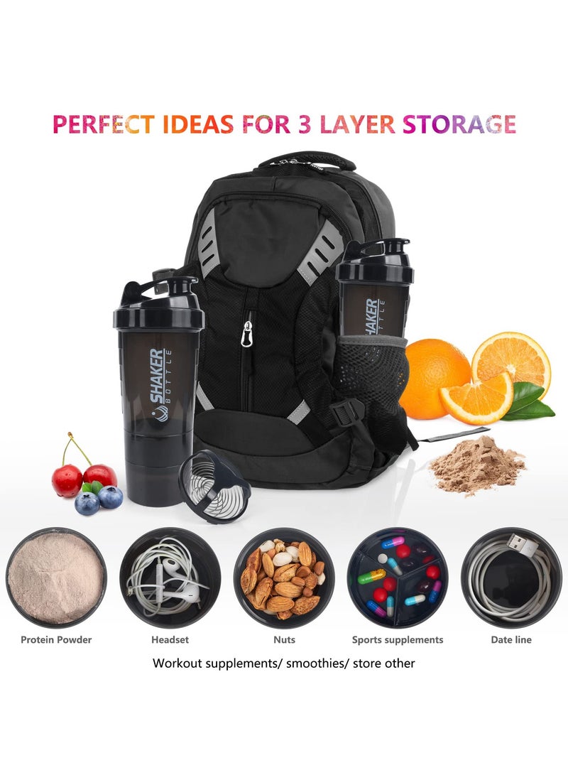 SYOSI Shaker Bottle, 16Oz Protein Powder Shake Cup Non-Slip Leak Proof Sports Fitness Water Bottle, Protein Powder Milkshake Cup With Powder Storage & Pill Organizer Case (Black) - Image 3