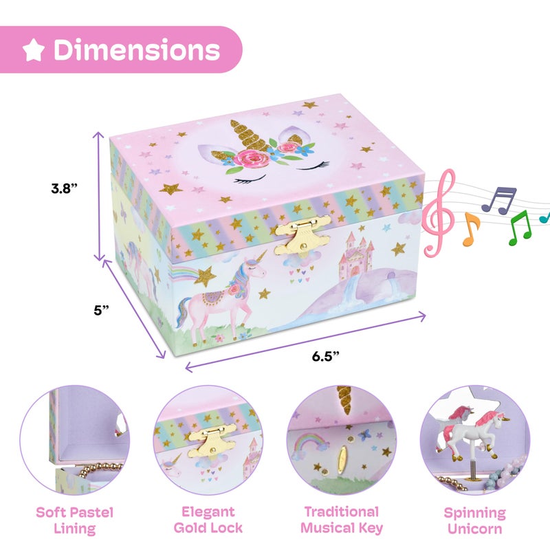 Jewelkeeper Musical Jewelry Box for Girls with Spinning Unicorn, Glitter Rainbow and Stars Design Music Box for Necklace, Earrings, and Accessories, Plays The Beautiful Dreamer Tune - Image 3