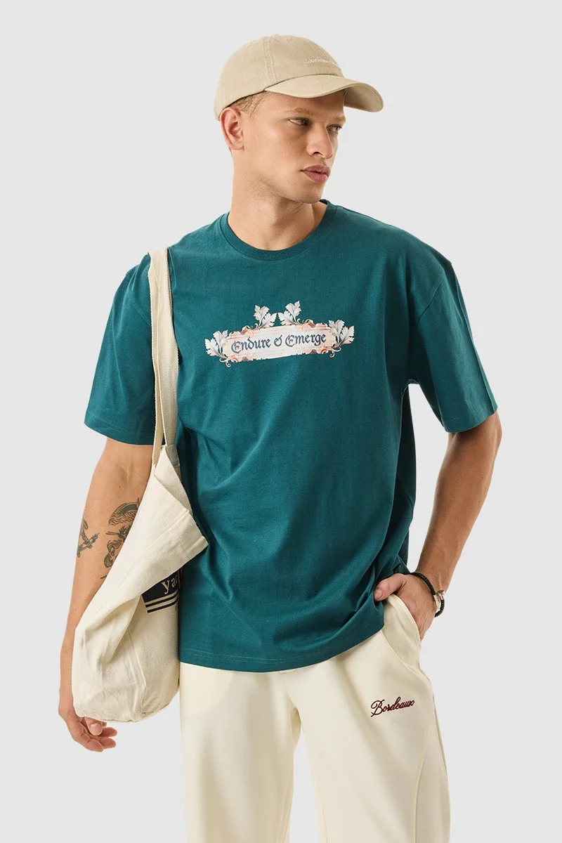SNITCH Teal Teal Graphic Half Sleeve Oversized Streetwear T-Shirt for Men | Best Price UAE
