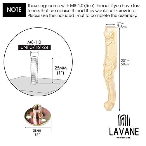 La Vane 20 inch / 50cm Wooden Furniture Legs, Set of 4 European Style Solid Wood Carving Unfinished Furniture Replacement Feet Decoration for Sofa Cabinet Wardrobe Table Loveseat - Image 4