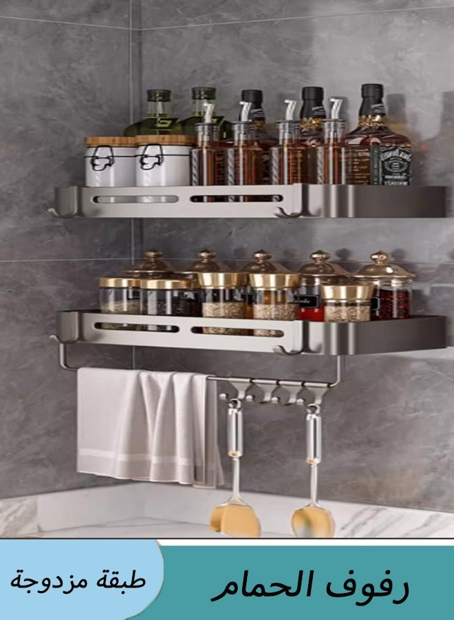 VOGMAX Double rectangular shower rack  with 4 Hooks &Towel Bar,Wall Mounted Space Stainless Steel Towel Storage Hanger Shelf Holder Stand Rack , Rustproof Shower Storage Baskets, Bathroom Organizer Rack With Hooks Bathroom Accessories Organizer Bathroom Corner Rack Holder Shelf Storage Organizer for Bathroom Shower Sink（Grey） - Image 1