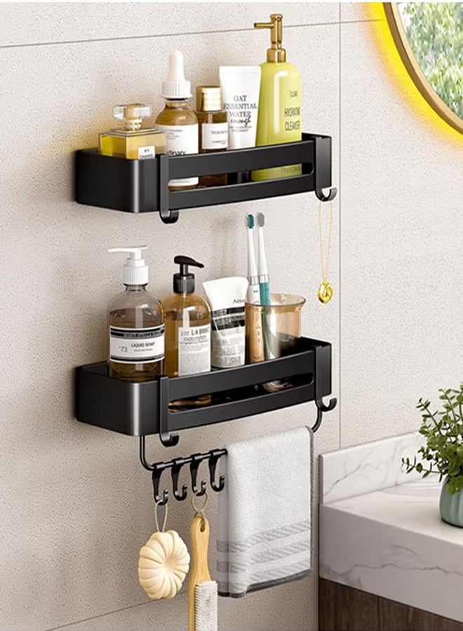 VOGMAX Double rectangular shower rack  with 4 Hooks &Towel Bar,Wall Mounted Space Stainless Steel Towel Storage Hanger Shelf Holder Stand Rack , Rustproof Shower Storage Baskets, Bathroom Organizer Rack With Hooks Bathroom Accessories Organizer Bathroom Corner Rack Holder Shelf Storage Organizer for Bathroom Shower Sink（Grey） - Image 3