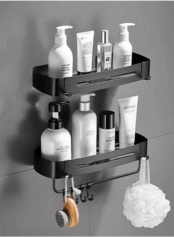 VOGMAX Double rectangular shower rack  with 4 Hooks &Towel Bar,Wall Mounted Space Stainless Steel Towel Storage Hanger Shelf Holder Stand Rack , Rustproof Shower Storage Baskets, Bathroom Organizer Rack With Hooks Bathroom Accessories Organizer Bathroom Corner Rack Holder Shelf Storage Organizer for Bathroom Shower Sink（Grey） - Image 4