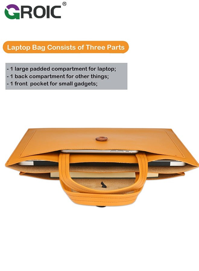 GROIC Light Brown Portable Laptop Bag 14 inch Large Capacity Handheld Notebook Case Wear-Resistant PU Business Carrying Briefcase Computer Bag - Image 3