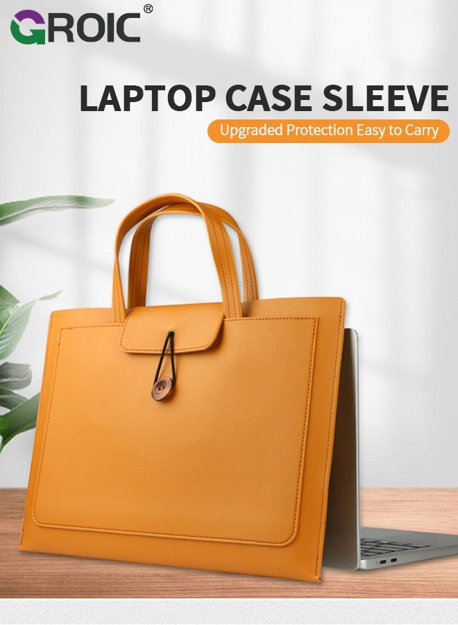 GROIC Light Brown Portable Laptop Bag 14 inch Large Capacity Handheld Notebook Case Wear-Resistant PU Business Carrying Briefcase Computer Bag - Image 2