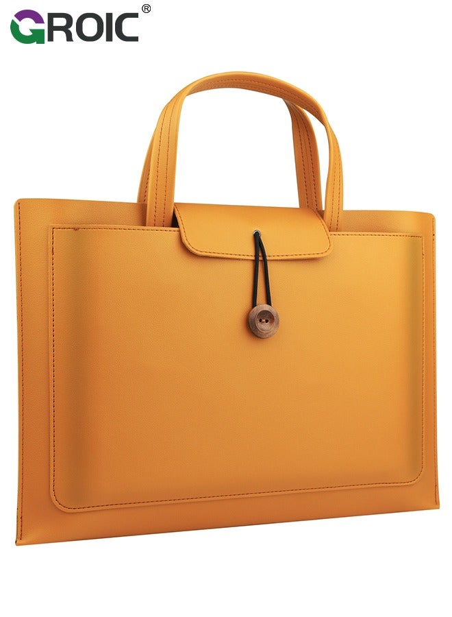 GROIC Light Brown Portable Laptop Bag 14 inch Large Capacity Handheld Notebook Case Wear-Resistant PU Business Carrying Briefcase Computer Bag - Image 1