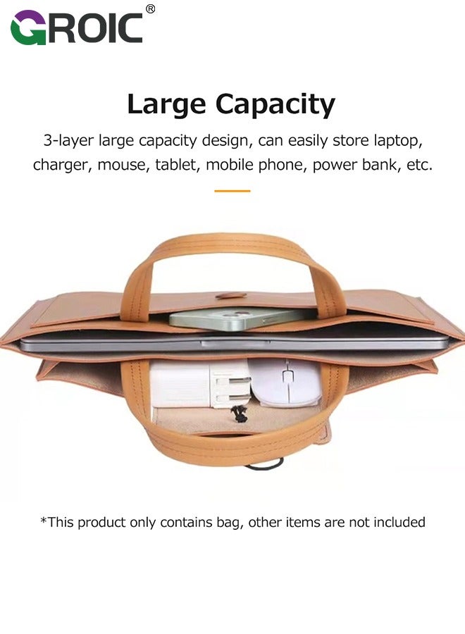 GROIC Light Brown Portable Laptop Bag 14 inch Large Capacity Handheld Notebook Case Wear-Resistant PU Business Carrying Briefcase Computer Bag - Image 5