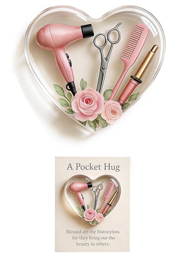 Hairstylist Pocket Hug Token, Pink Heart with Mini Tools & Roses - Valentine's Day Gift - Image 1