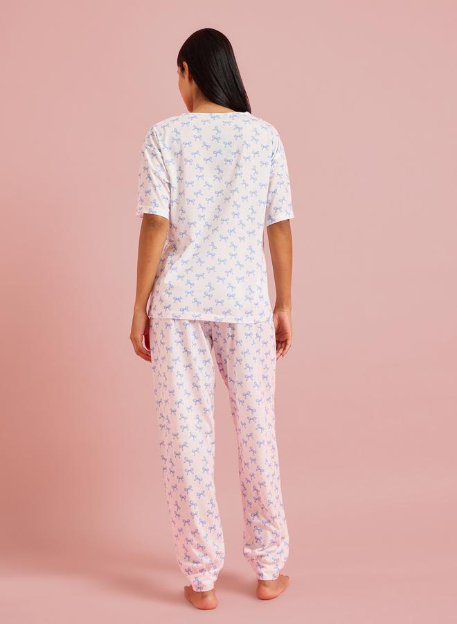 Styli Multi-Color All Over Bow Print T-Shirt and Pants Pyjama Set - Image 5