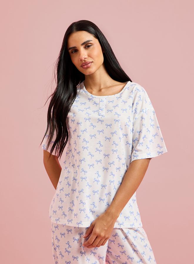 Styli Multi-Color All Over Bow Print T-Shirt and Pants Pyjama Set - Image 2