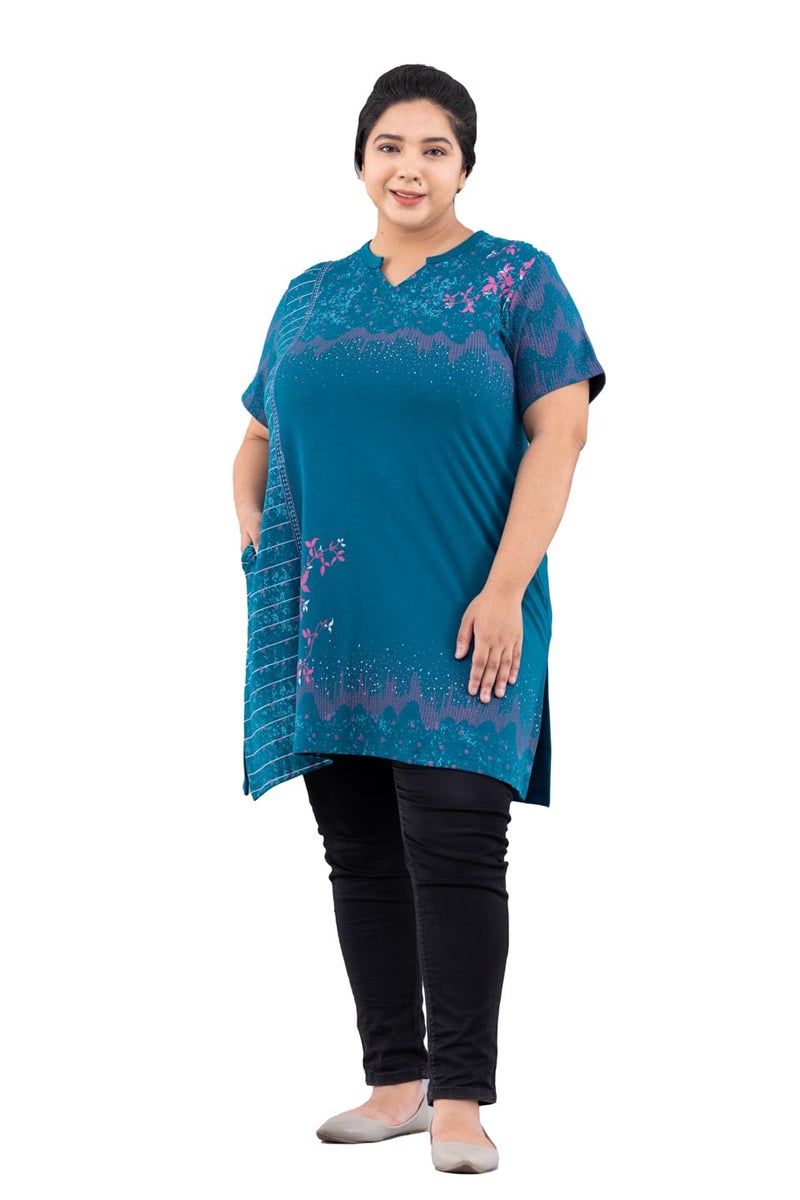 CUPID Woman's Cotton Plus Size Half Sleeves Long Top for Semi Summers with One Side Pocket for Ladies Printed Regular Fit T Shirt_Teal Blue Top_5XL - Image 1