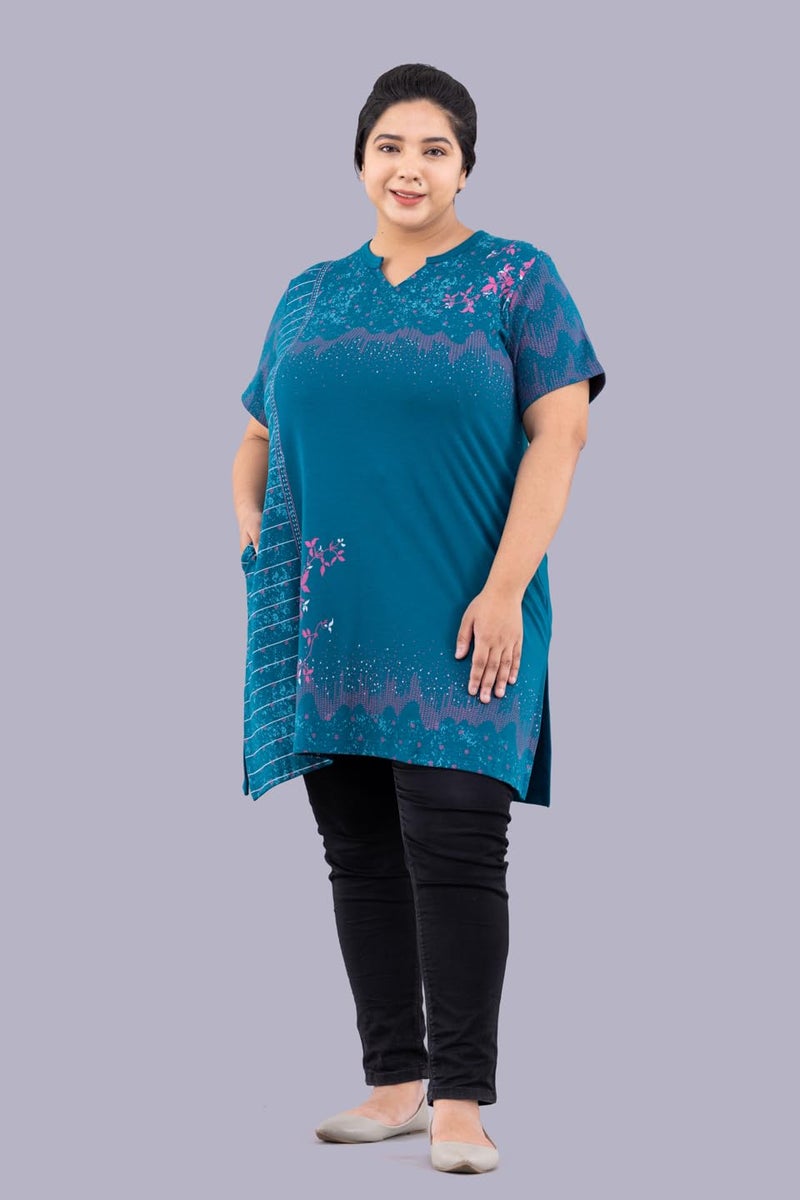 CUPID Woman's Cotton Plus Size Half Sleeves Long Top for Semi Summers with One Side Pocket for Ladies Printed Regular Fit T Shirt_Teal Blue Top_5XL - Image 2