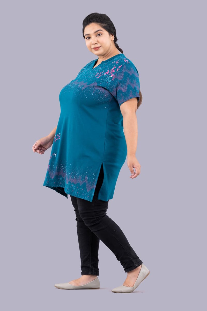 CUPID Woman's Cotton Plus Size Half Sleeves Long Top for Semi Summers with One Side Pocket for Ladies Printed Regular Fit T Shirt_Teal Blue Top_5XL - Image 4