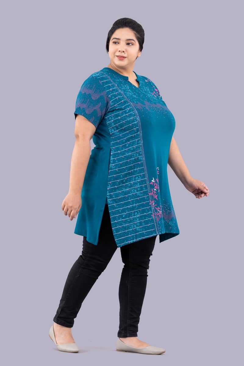 CUPID Woman's Cotton Plus Size Half Sleeves Long Top for Semi Summers with One Side Pocket for Ladies Printed Regular Fit T Shirt_Teal Blue Top_5XL - Image 3