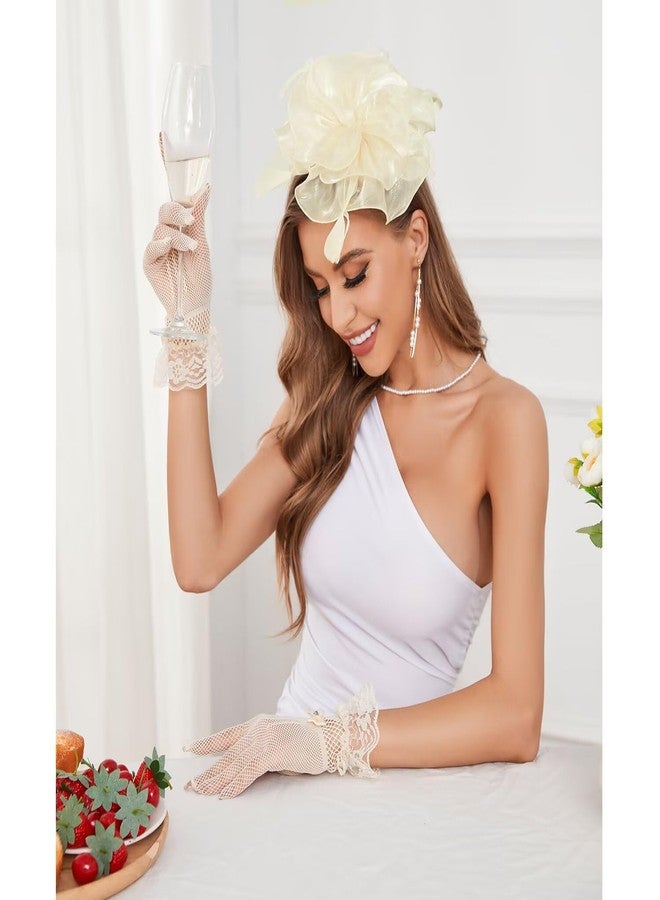 GurZinn Fascinator Hat Veil Feather Fascinator Tea Party Bridal Wedding Veil Pillbox Hat, E-beige Hat&glove - Image 3