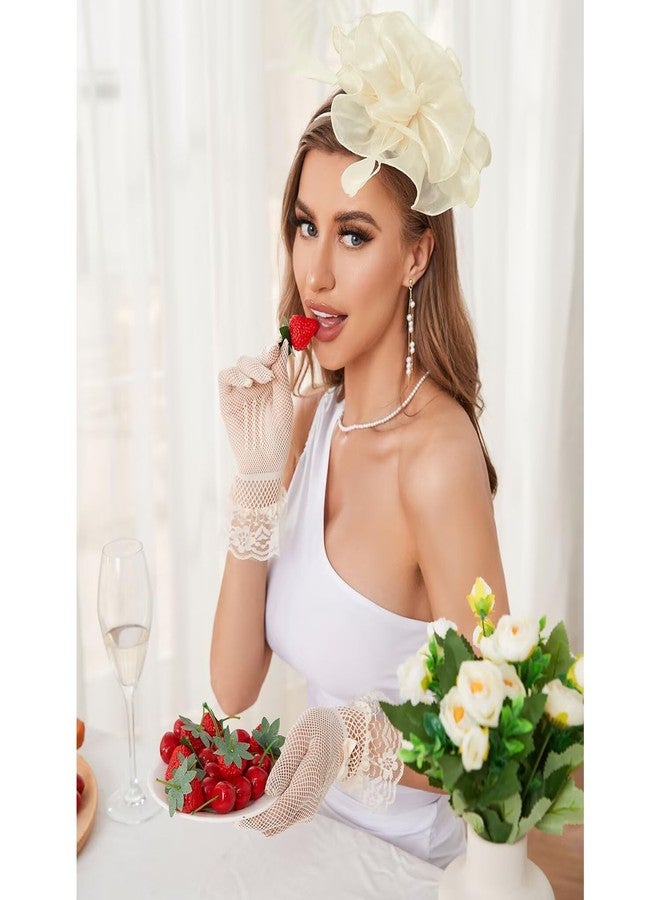 GurZinn Fascinator Hat Veil Feather Fascinator Tea Party Bridal Wedding Veil Pillbox Hat, E-beige Hat&glove - Image 2