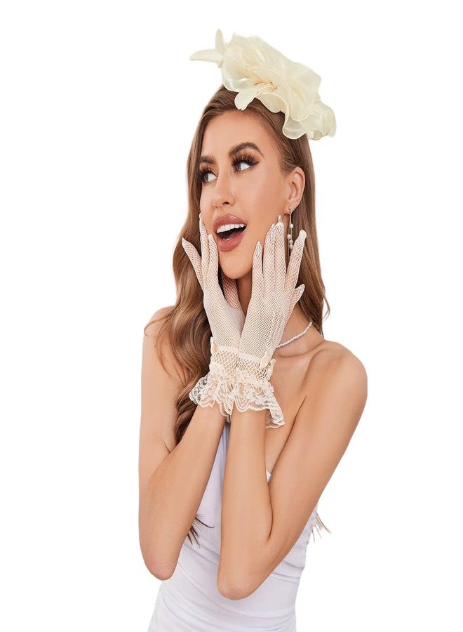 GurZinn Fascinator Hat Veil Feather Fascinator Tea Party Bridal Wedding Veil Pillbox Hat, E-beige Hat&glove - Image 1