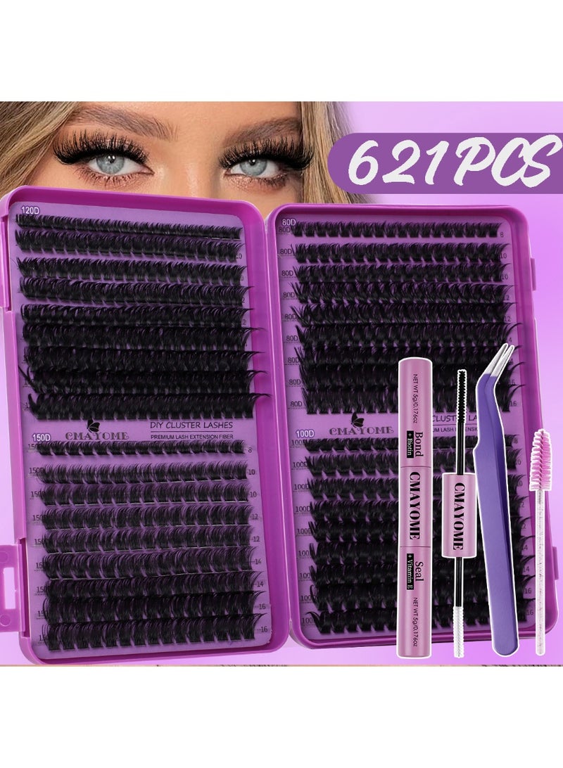 كمايو مجموعة رموش فردية من 621 قطعة بتصميم D Curl مع لاصق ومثبت، ملقط، وفرشاة، سهلة الاستخدام للمبتدئين، دفتر رموش عالي السعة مناسب لمختلف أنواع المكياج، رموش صناعية كثيفة تدوم طويلاً، هدية مثالية للنساء - Image 1