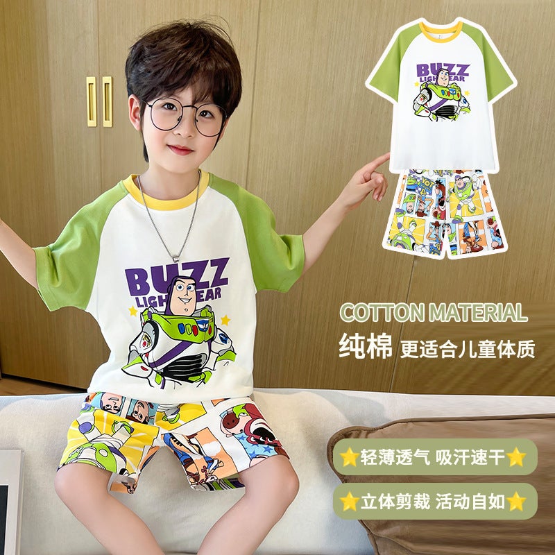 Buz Lightyear Boys' Pajamas Summer Air Conditioner Thin Pure Cotton Suit For Middle And Big Kids 12 Years Old Boys' Western-Style Home Clothes - Image 2