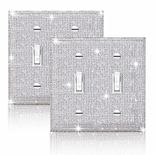 Gaocai 2 Pcs Shiny Silver Rhinestones Wall Plate Cover, Double Gang Toggle Outlet Covers, Bling Light Switch Cover - Image 1