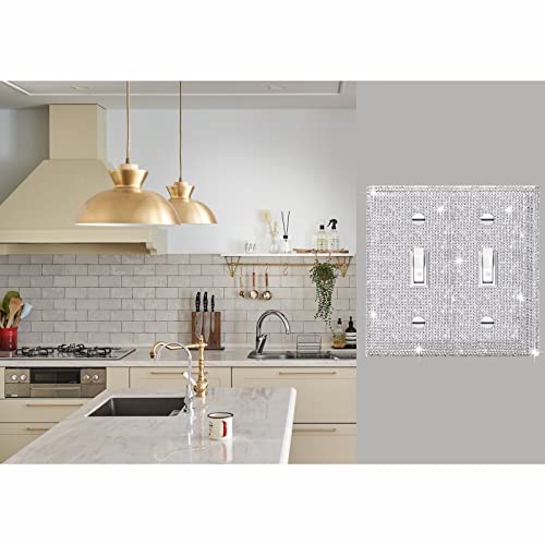Gaocai 2 Pcs Shiny Silver Rhinestones Wall Plate Cover, Double Gang Toggle Outlet Covers, Bling Light Switch Cover - Image 3