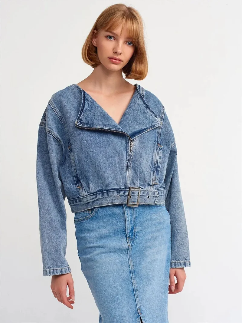 ديلفين Dilvin Women's Short Belted Denim Biker Jacket