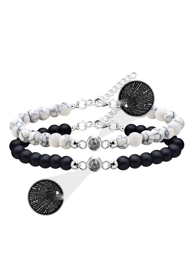 Uloveido - I Love You 100 Languages Bracelets Matching Couples Long Distance Gifts - 6mm White Turquoise and Black Onyx Bead Bracelets Set for Him Her - Image 1