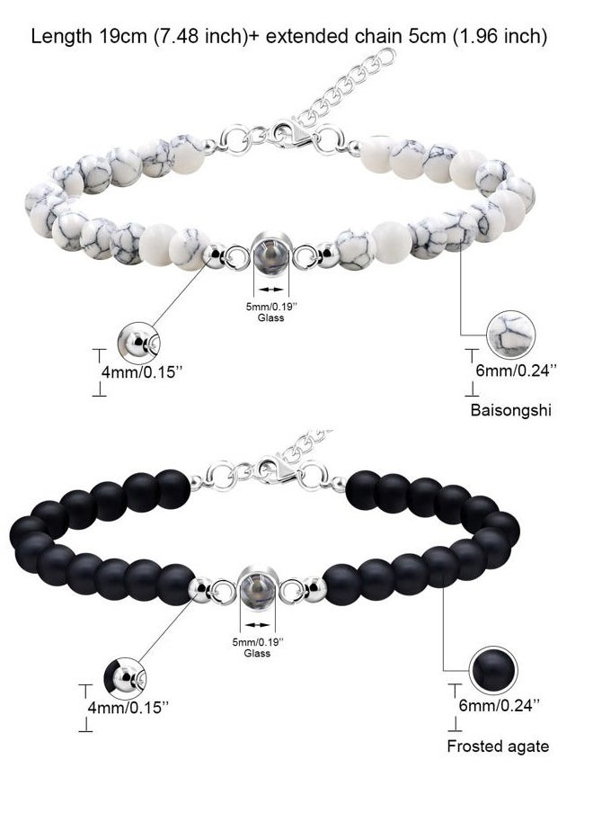 Uloveido - I Love You 100 Languages Bracelets Matching Couples Long Distance Gifts - 6mm White Turquoise and Black Onyx Bead Bracelets Set for Him Her - Image 1