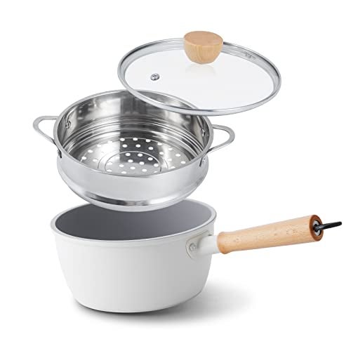 ROCKURWOK Ceramic Nonstick Sauce Pan 3 QT Pot with Steamer Non Toxic PFASFree Wooden Handle for Cool Touch Universal BaseGas Electric Induction White - Image 1