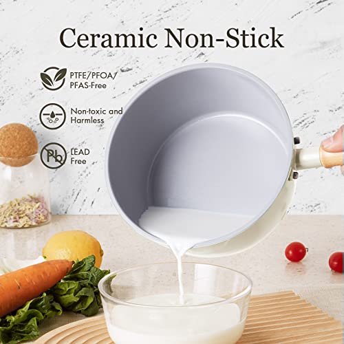 ROCKURWOK Ceramic Nonstick Sauce Pan 3 QT Pot with Steamer Non Toxic PFASFree Wooden Handle for Cool Touch Universal BaseGas Electric Induction White - Image 3