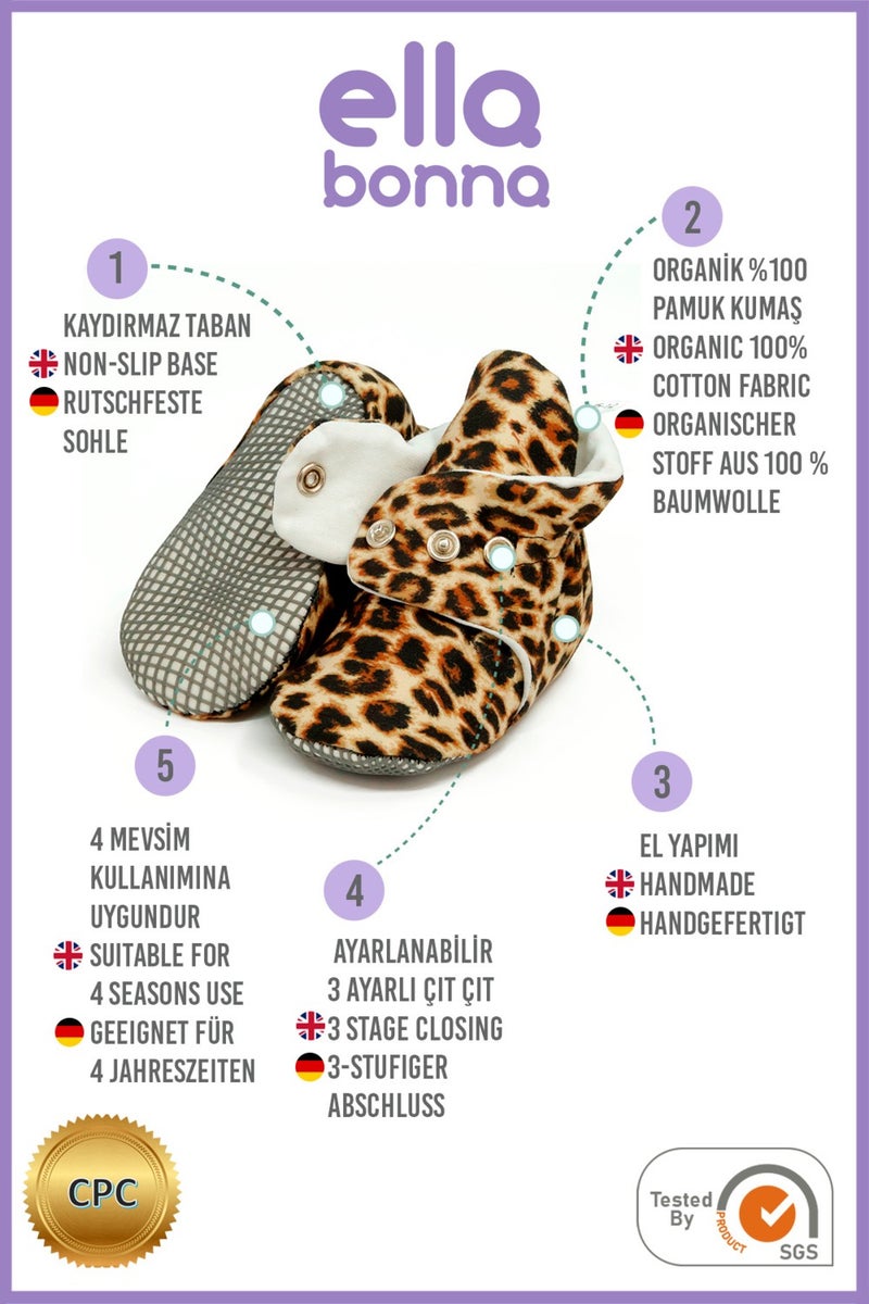 Ella Bonna Organic Cotton Baby Slippers, Non-Slip Sole, Newborn Booties, Home Nursery Shoes, Leopard - Image 3