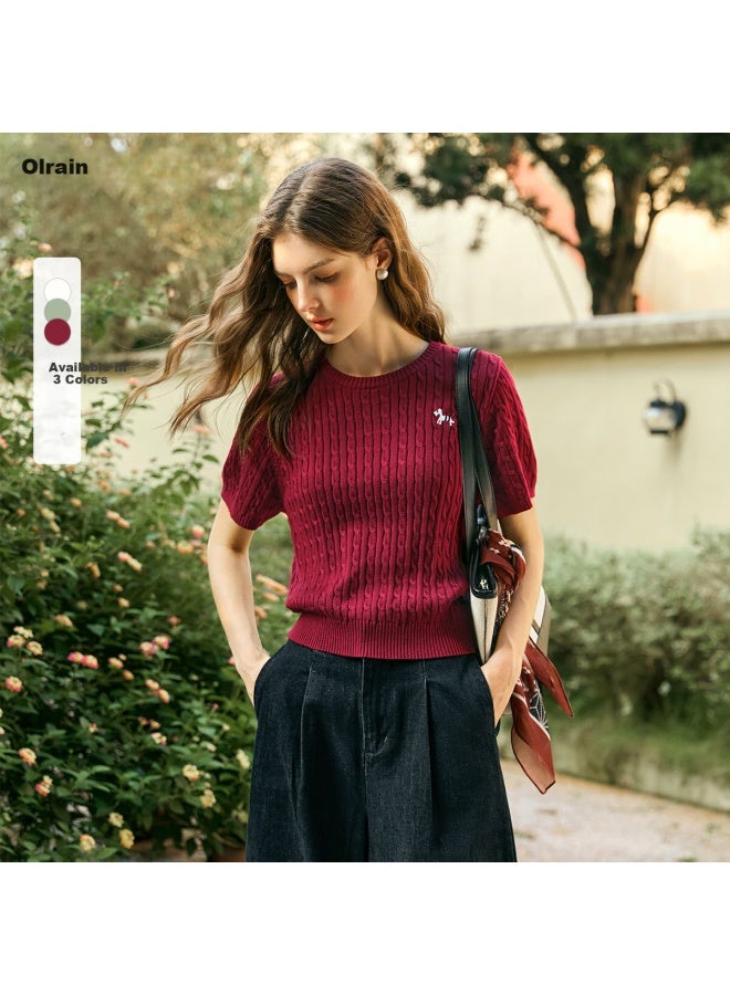 Olrain French Style Short Sleeve T-Shirt Women'S Spring And Summer Commuter Round Neck Knitted Pullover Apricot L - Image 2