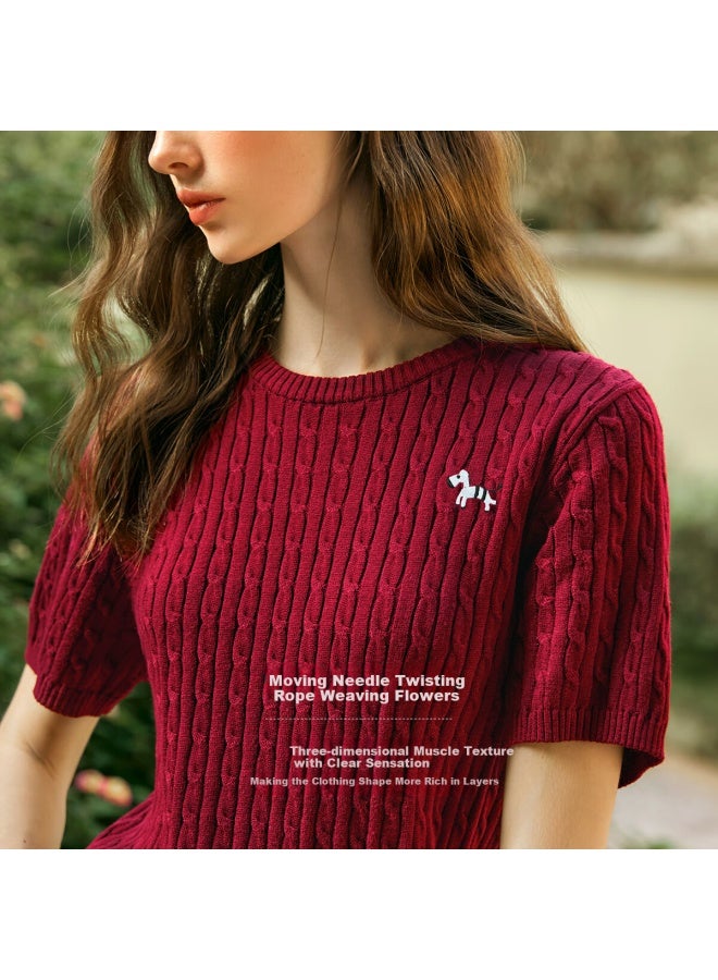 Olrain French Style Short Sleeve T-Shirt Women'S Spring And Summer Commuter Round Neck Knitted Pullover Apricot L - Image 4