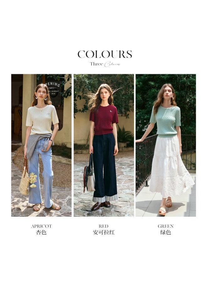 Olrain French Style Short Sleeve T-Shirt Women'S Spring And Summer Commuter Round Neck Knitted Pullover Apricot L - Image 3