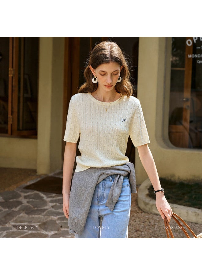 Olrain French Style Short Sleeve T-Shirt Women'S Spring And Summer Commuter Round Neck Knitted Pullover Apricot L - Image 1