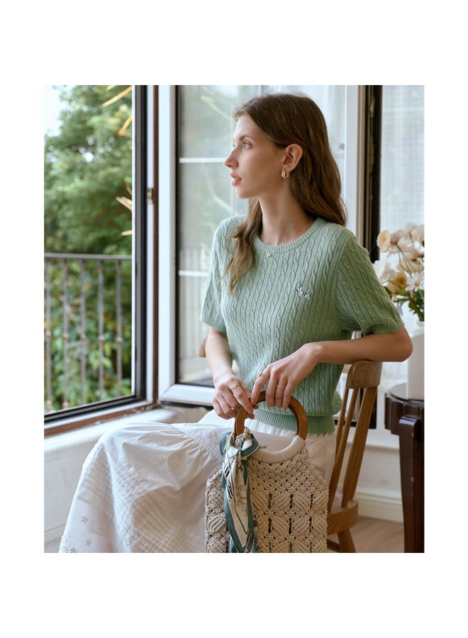 Olrain French Style Short Sleeve T-Shirt Women'S Spring And Summer Commuter Round Neck Knitted Pullover Apricot L - Image 5