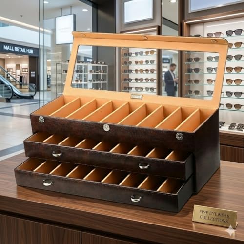 essart Faux Leather Croro-Finish-Print Sunglasses case Double Storey Magnetic Closure Sunglasses Box Organizer, Transparent lid Feature (SG-27-SN-Brown) - Image 2