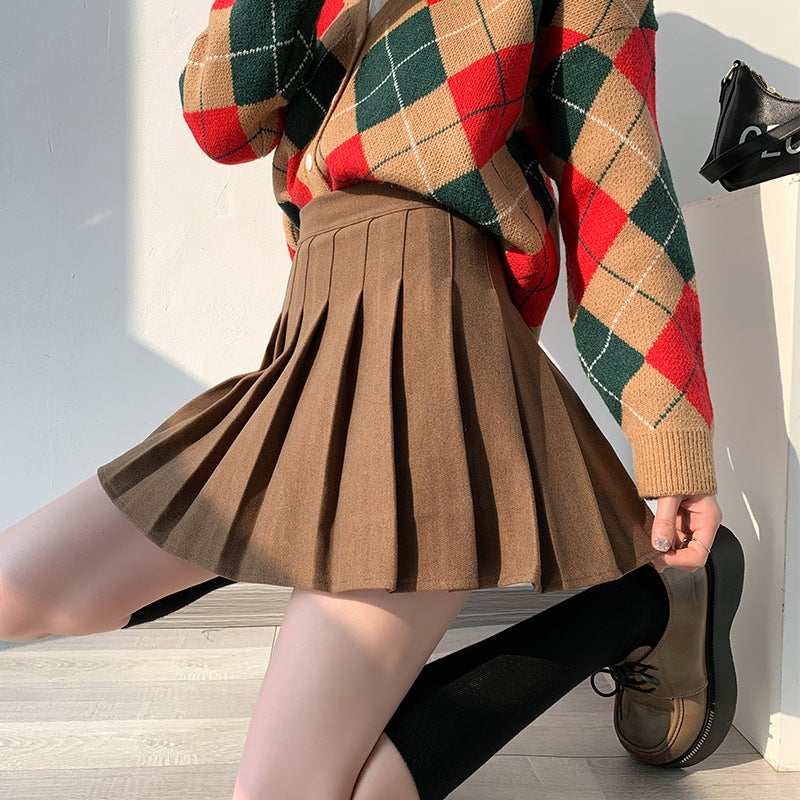 Pleated Skirt Womens Autumn and Winter New Thickened Woolen Short Skirt High Waist Korean Style A- line Slim Fit Slimming plus size Skirt Coffee