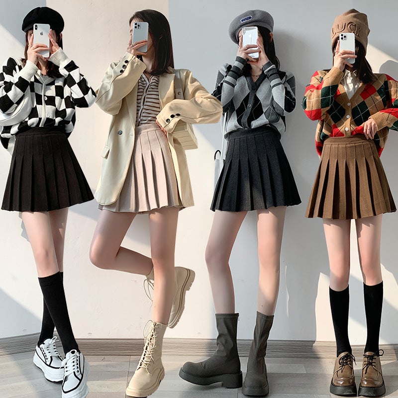 Pleated Skirt Womens Autumn and Winter New Thickened Woolen Short Skirt High Waist Korean Style A- line Slim Fit Slimming plus size Skirt Coffee